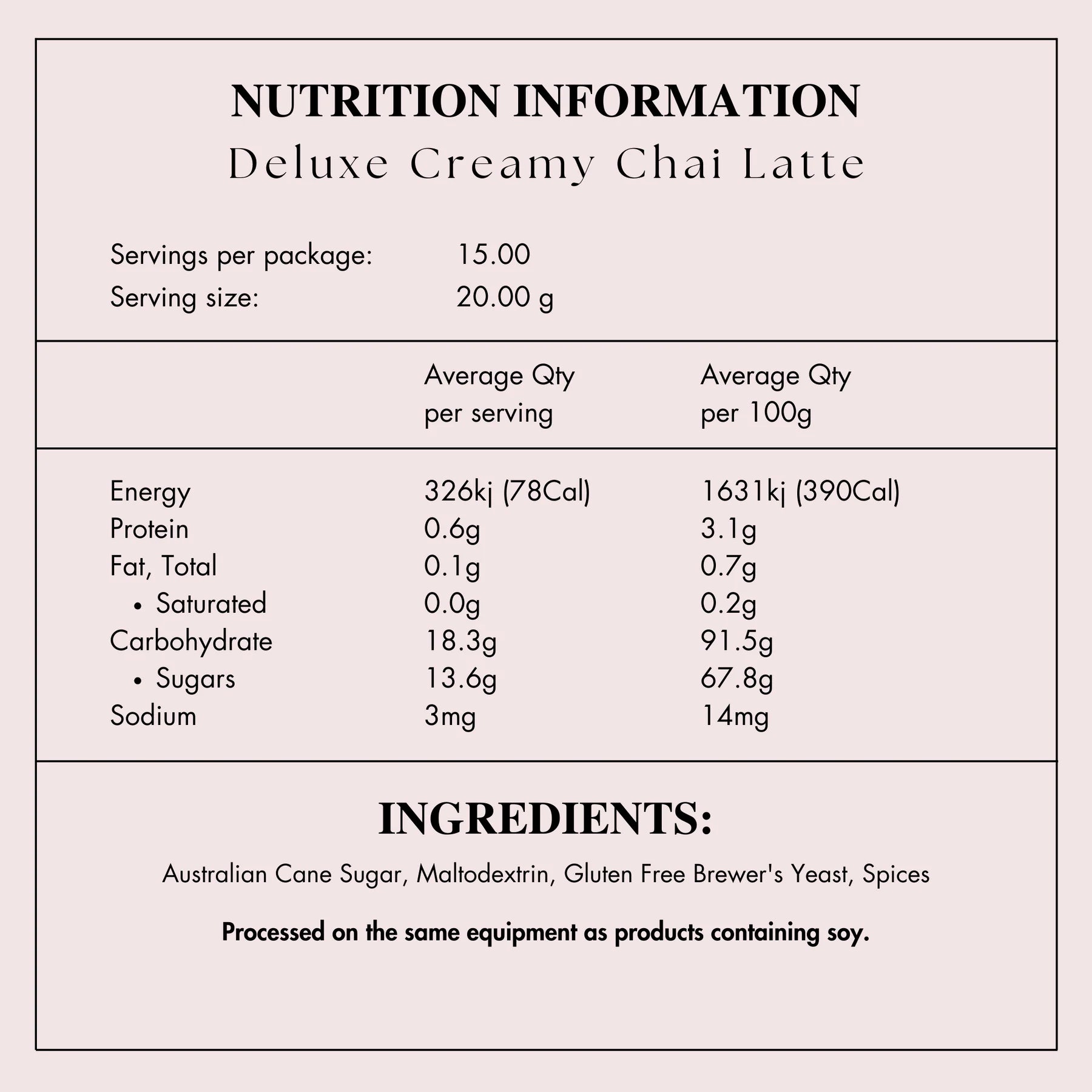 deluxe creamy chai nutrition